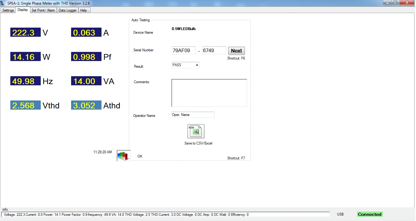 Software page for testing of 14 W Incandescent Bulb